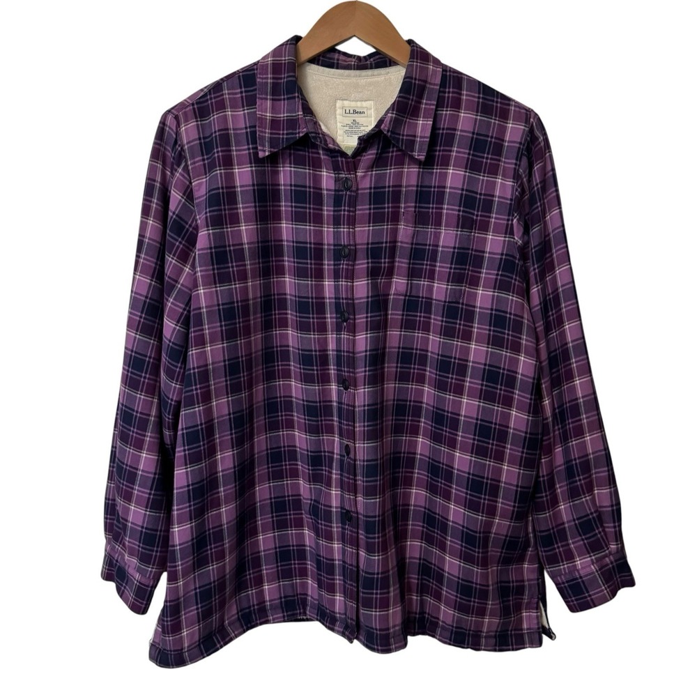 LL Bean Womens Purple Navy White Plaid Fleece Lined Flannel Shacket Jacket XL